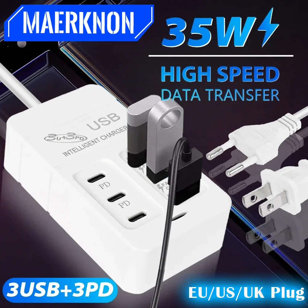

New Upgraded 6 ports Smartphone Charger 35W PD Type-C Mobile Phone Fast Charging EU/US/UK Plug For iPhone Xiaomi Huawei Samsung