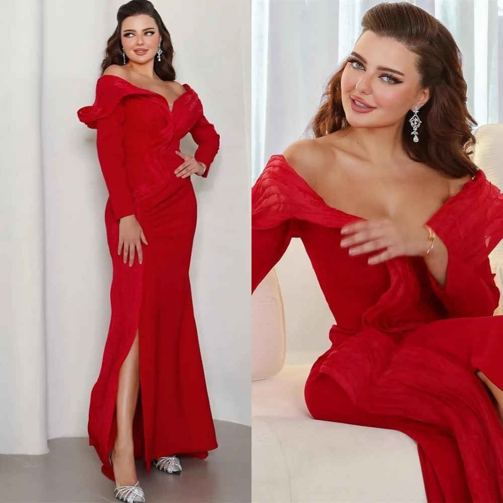 

Customized Temperament V-Neck Jersey Evening Dress Elegant Long Sleeves Prom Dresses Luxury Mermaid Special Occasion Gowns