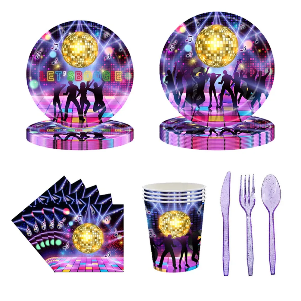 8Guests Purple Disco Party Disposable Tableware Let's Boogie Paper Plate Fashion Adult 80s 90s Hot Music Happy Birthday Party