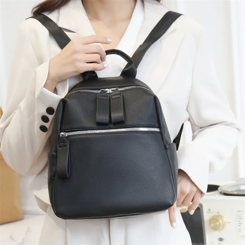 Minimalist PU Soft Leather Backpack  for Women Fashion Multipurpose Handbag Ladies Shoulder Bag with Front Back Zipper pock