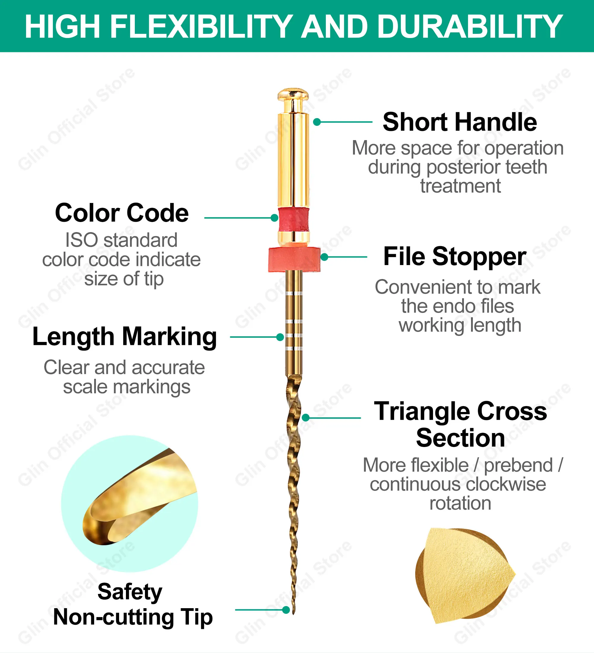 Glin Dental Endodontische Feilen 19/21/25/31mm F3 F4 F5 Gold Flexible Feilen Wärmeaktivierbare Endo-Wurzelkanal-Rotationsfeilen Goldene Feilen – Detail 2