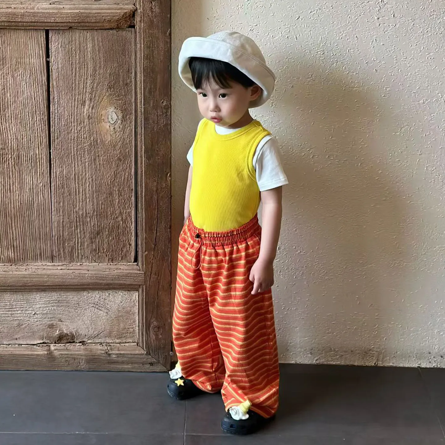Dopamine Dress Boys Summer Set 2026 New Style Children's Solid Color I-shaped Tank Top Striped Wide Leg Pants