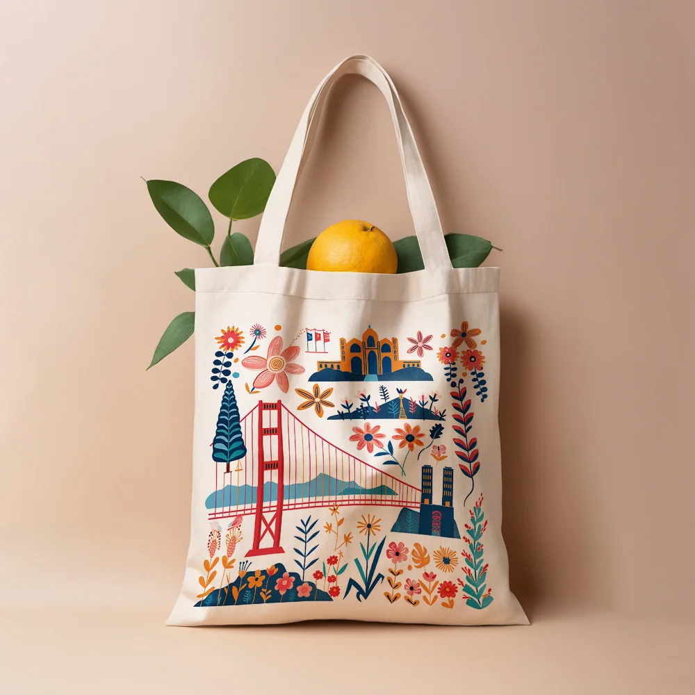 A San Francisco landmark pattern print canvas tote bag, suitable for daily use, shopping, school, and travel