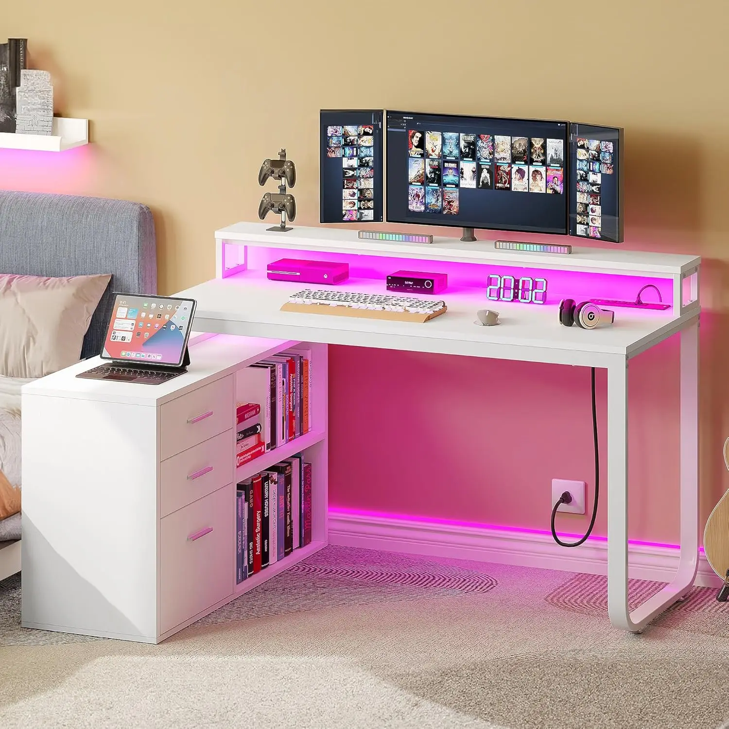 Mesa em forma de L com gavetas, mesa de computador de canto de 55" com tomadas de energia e luzes LED, mesa de escritório doméstico com armário de arquivo, branco