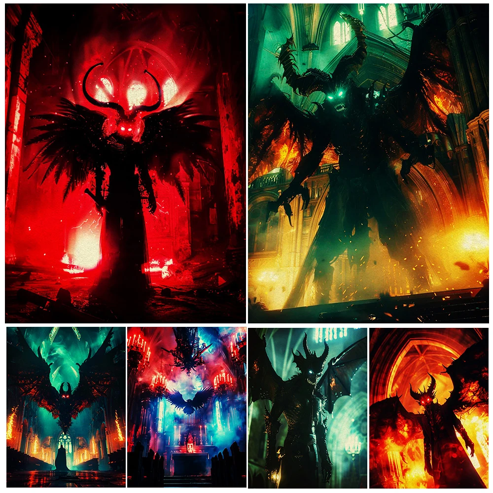 

Hell Demon Lucifer Arrives,Abstract Wall Art Canvas Painting Home Decor,Scary Devil In Church,Gothic Art Poster Print,Home Decor