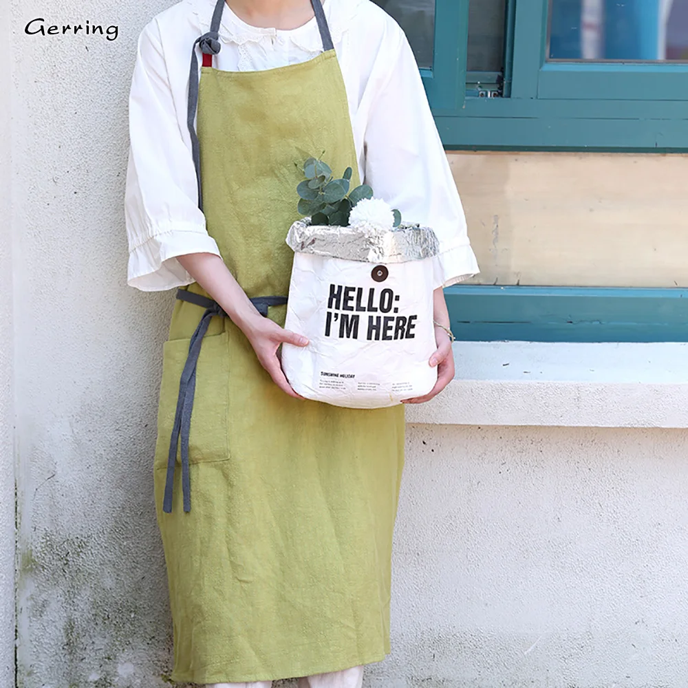 Gerring neue japanische Schürze Frau Baumwolle Leinen Kleid lose ärmellose Kunst Küche atmungsaktive Schürzen für Frauen mit Tasche