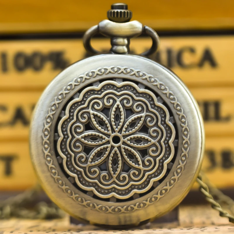 Винтажное бронзовое раскладушка, креативное резное ожерелье с цветком и вырезом, кварцевые карманные часы, модные универсальные студенческие мужские и женские часы