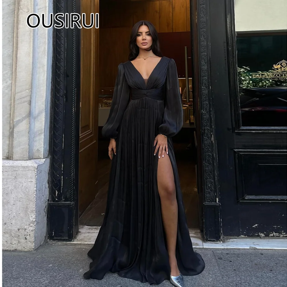 

Simple V-neck Evening Bridal Gown A-line Court Side Slit Saudi Prom Gown with Long Puff Sleeve Flowing Custom Made