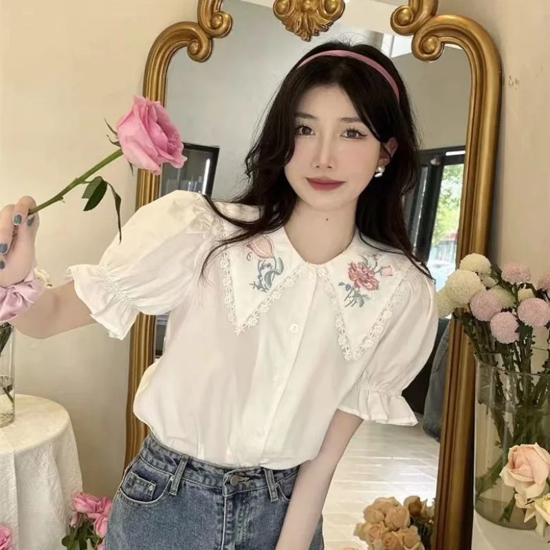 Peter Pan Collar Shirts Women Flower Embroidery Chic Sweet French Style Vintage Puff Sleeve Ins Loose All-match Fashion Ulzzang