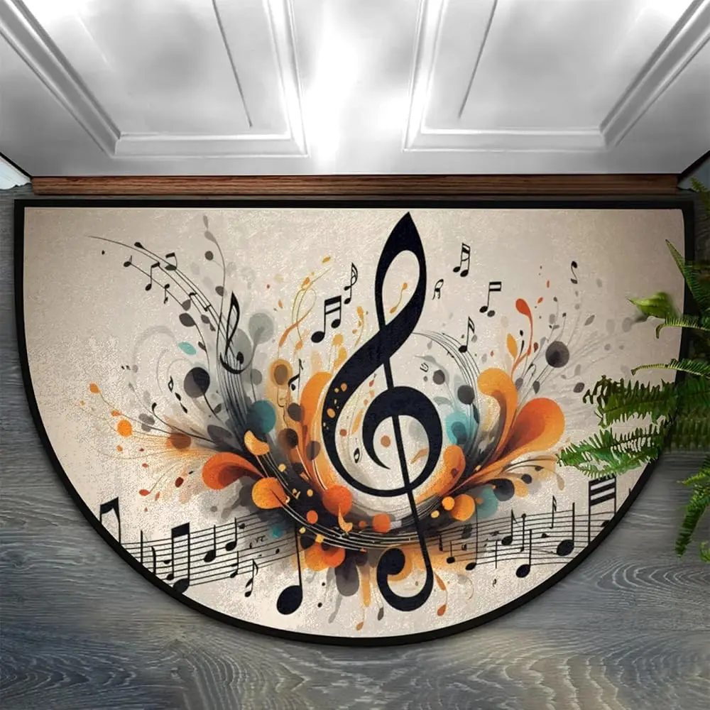 Abstract Treble Clef Musical Note Graphic Semicircular Doormat Entry Trendy Rug Anti Slip Floor Mat For Music Enthusiast