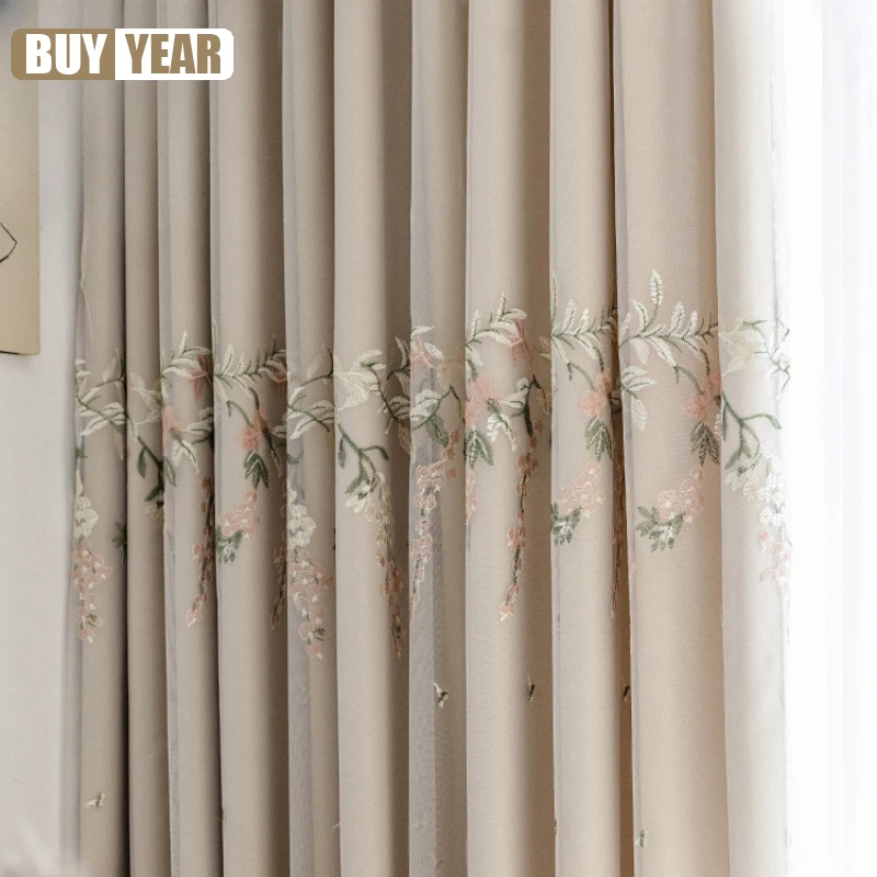 European-style Double-layer Embroidered Curtain Milk Tea-color Gauze Luxury Curtains for Living Dining Room Bedroom Tulle Custom