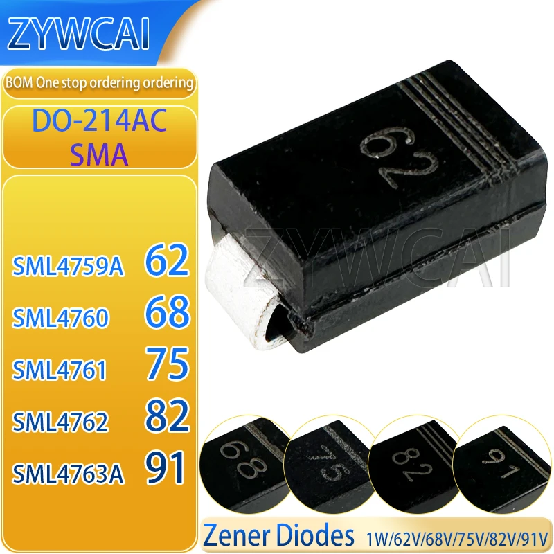 20PCS SML4759 62 1W/62V DO-214AC SML4760 68 1W/68V SMA SML4761 75 1W/75V SML4762 82 1W/82V SML4763 91 1W/91V Zener Diodes