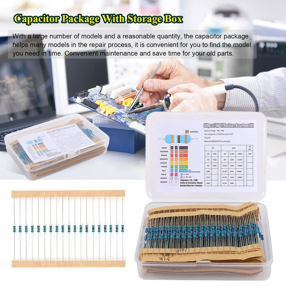 300/600pcs Metal Film Resistor Pack Assorted Kit 10R-1M Resistance Metal Film Resistance Assortment Kit 1/4W