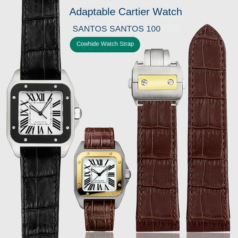 

20mm 23mm Men Women Leather Watch Strap For Cartier Santos100 Men's and Women's Watch Band Black Brown Folding Buckle Bracelet