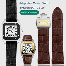 20mm 23mm Men Women Leather Watch Strap For Cartier Santos100 Men's and Women's Watch Band Black Brown Folding Buckle Bracelet