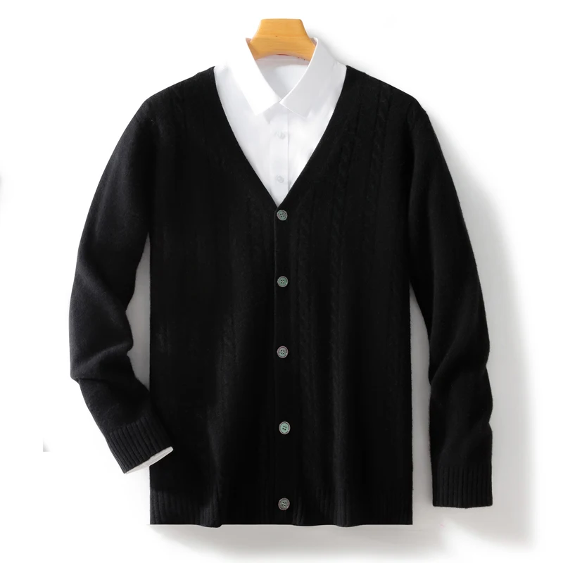2024 New Men's Twist Flower V-Neck Cardigan Autumn Winter Cashmere Sweater 100% Merino Wool Knitwear Smart Casual Soft Warm Tops