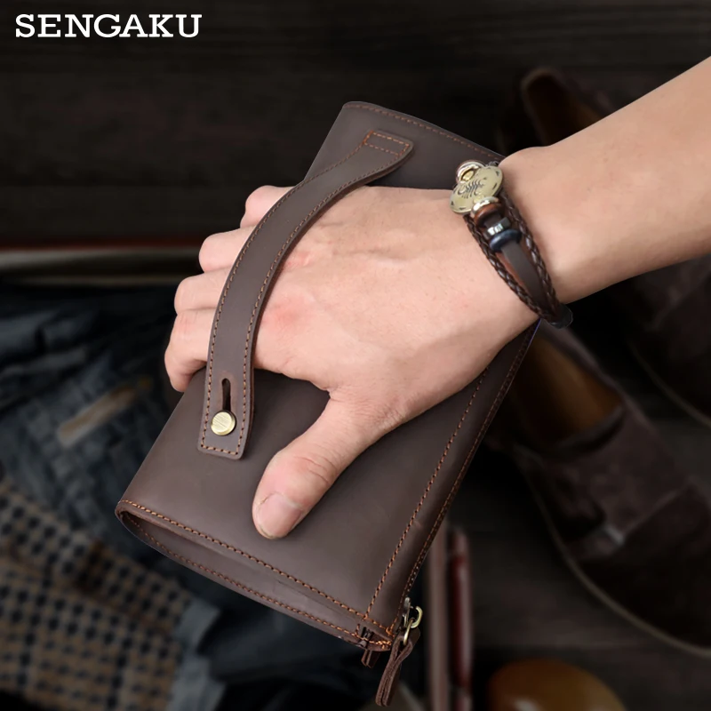 Men\'s Clutch Bag Handmade Genuine Leather Wrist Handbag Cow Leather Clutch Wallet Storage Long Wallets Money Bag Purse