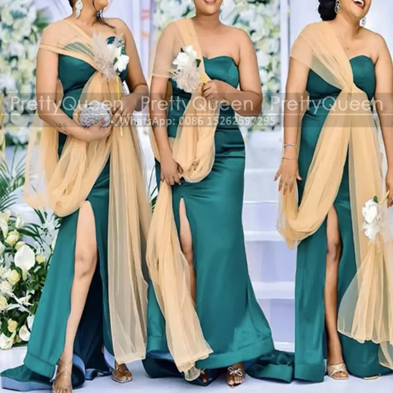 Customized Mermaid Bridesmaid Dresses Side Slit Long Emerald Green One Shoulder Sleeveless Plus Size Sheath Wedding Party Dress