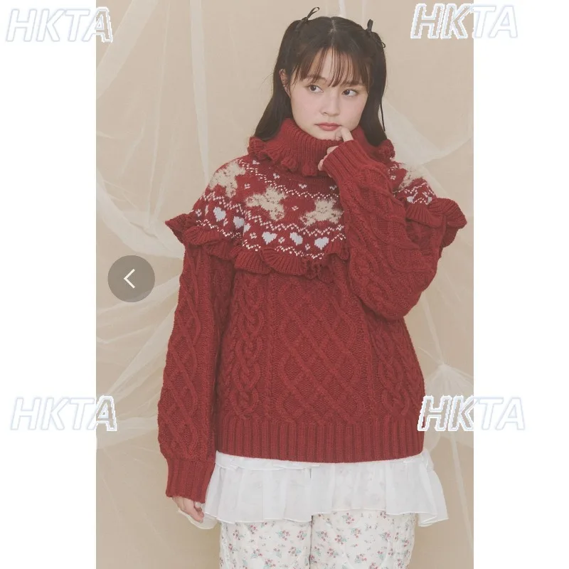 Japanese Lolita Cute Cartoon Bear Turtleneck Sweater Women Autumn Winter Thick Thread Ruffle Thick Warm Knitted Pullover Sweater