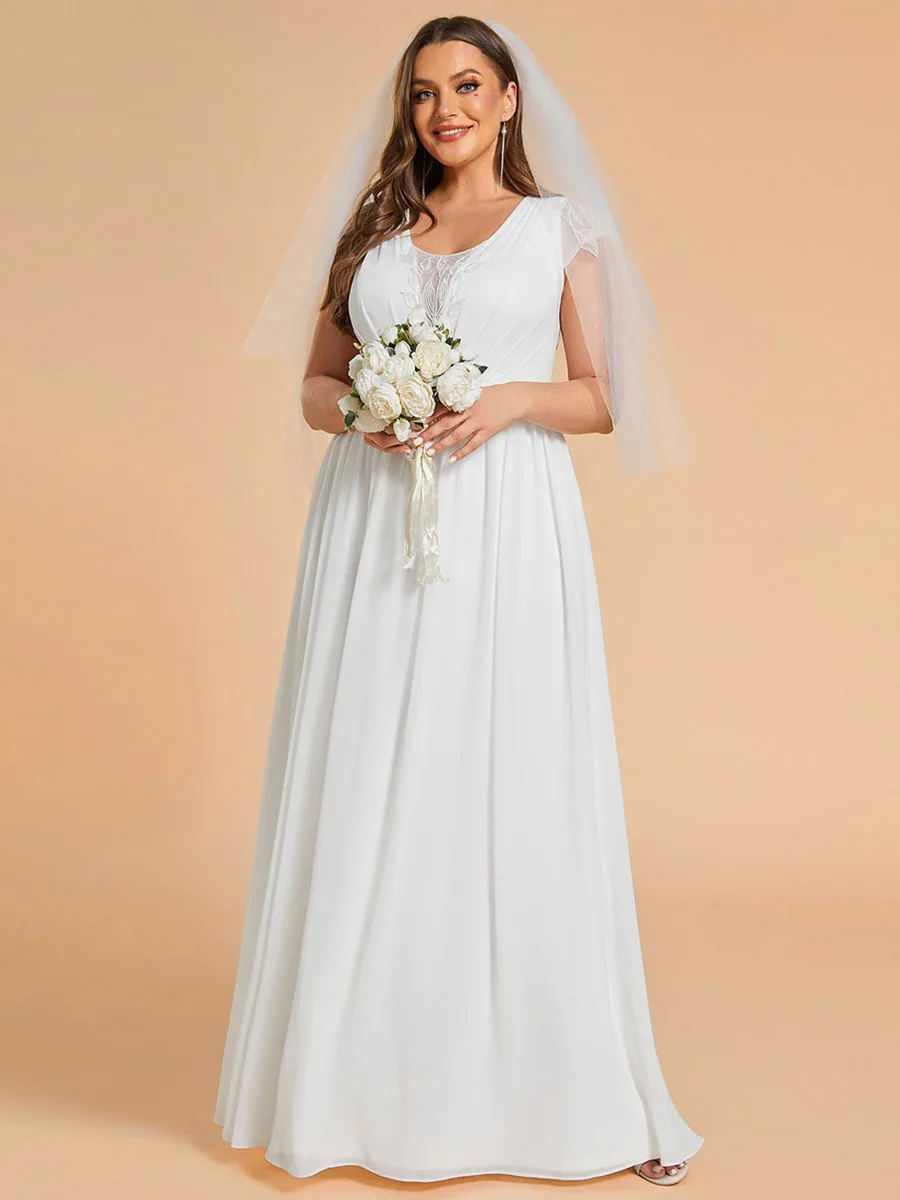 

Plus Size Wedding Dresses Hollow Pleated V-Neck Simple with Short Sleeves 2024 Ever Pretty of Lace decals White Bride's dress