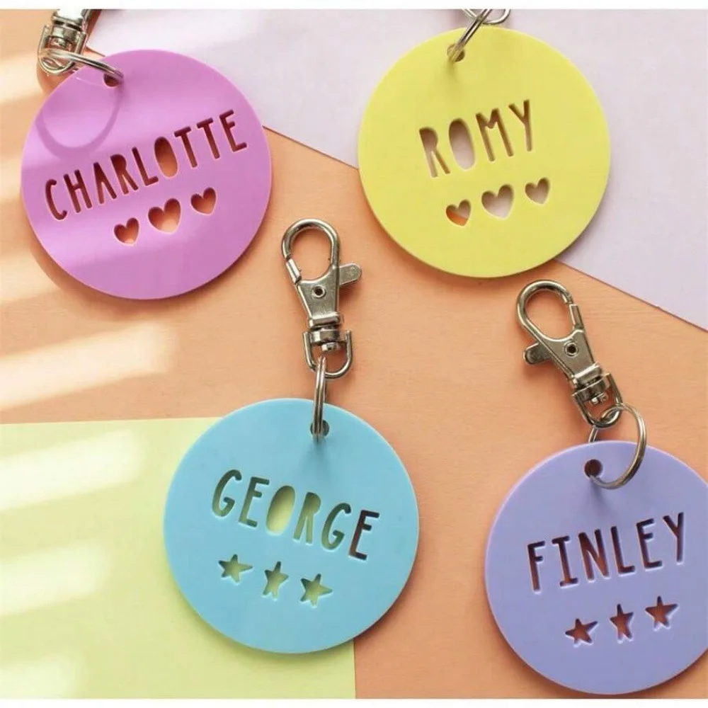 

KADRUFI милый индивидуальный полый брелок с именем и круглой табличкой, Радуга, сердце, звезда, ажурный персонализированный брелок для рюкзака с именной табличкой «сделай сам»