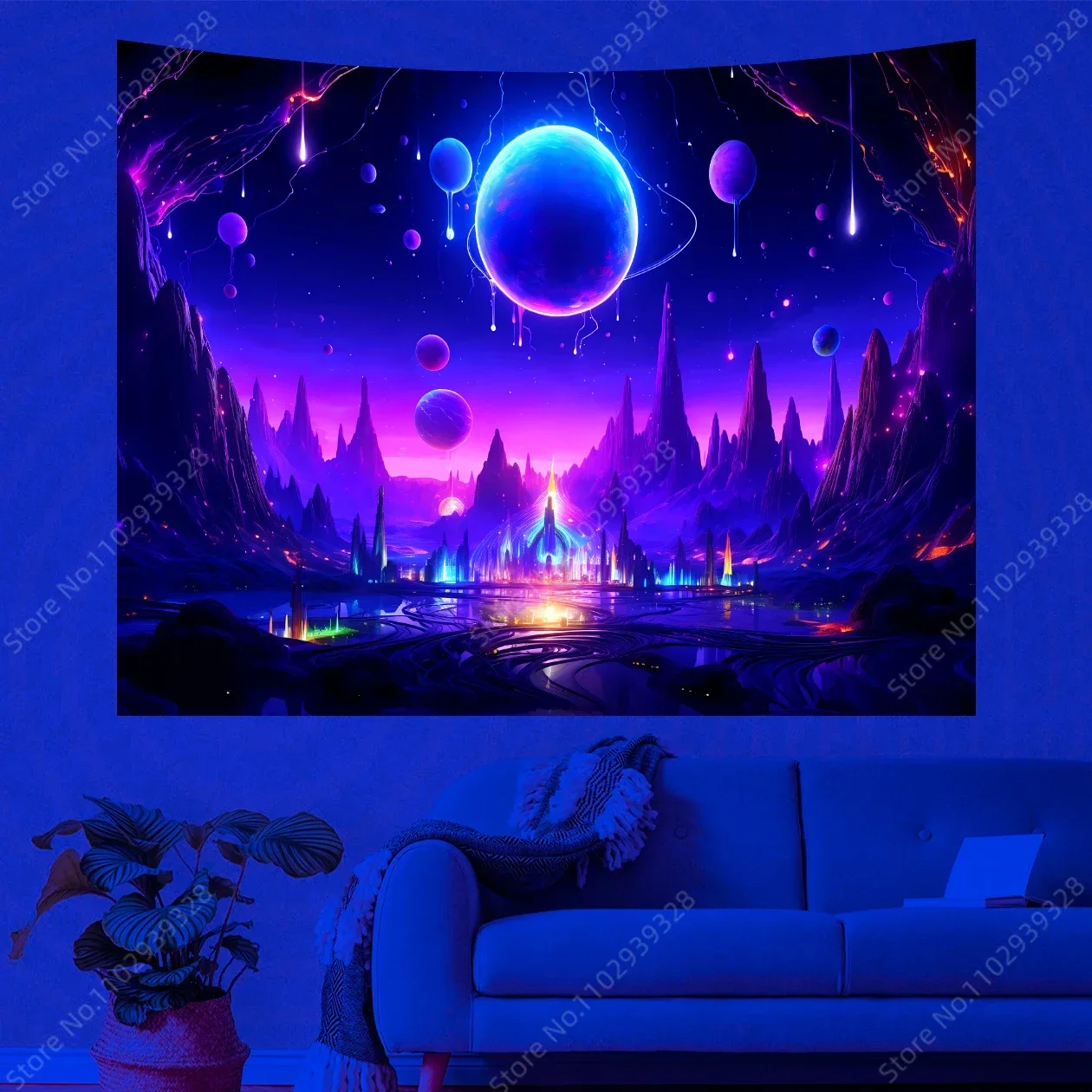 Galaxy Space Landscape UV Reactive Tapestry Trippy Planet Mountain River Neon Art Wall Tapestries for Bedroom Dorm Party Decor