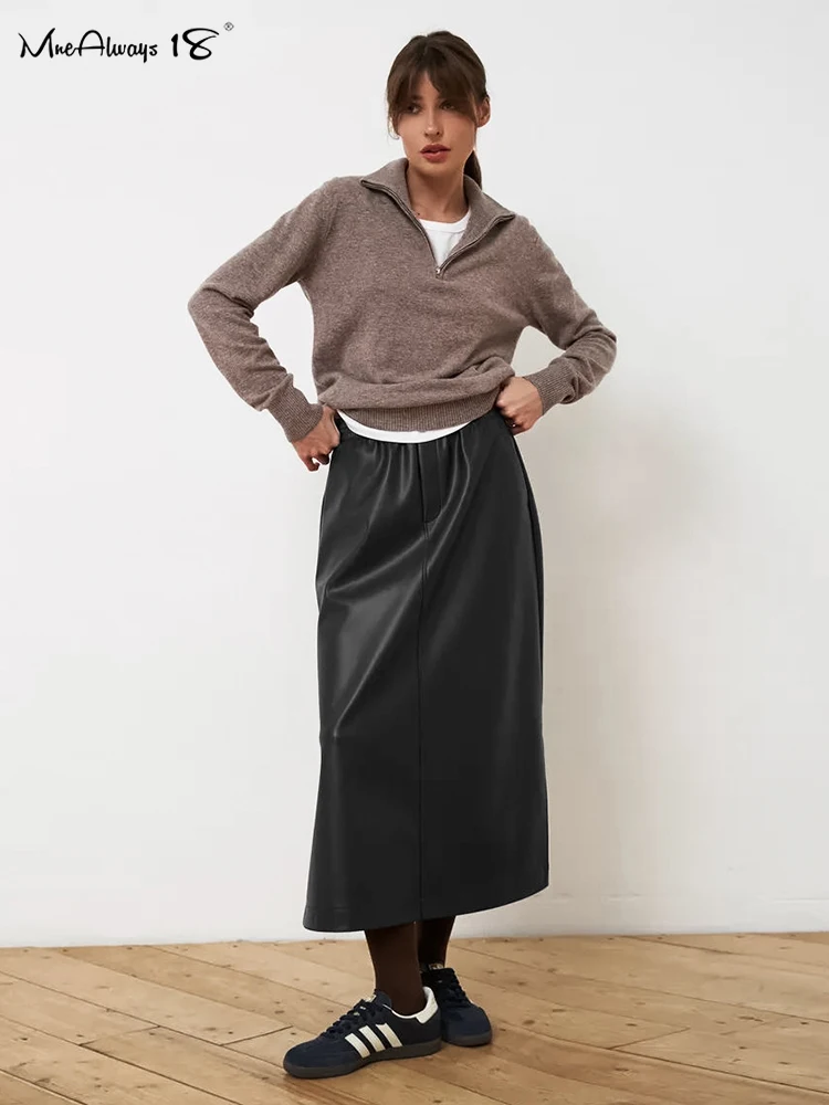 Mnealways18 Black High Elastic Waist PU Skirts Elegant Women Pockets Ankle-Length Skirts Autumn Winter 2024 Office Ladies Midi