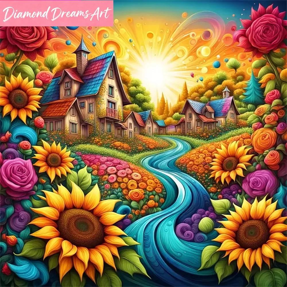 Haus-Diamantmosaik Landschaft Abstrakt Acryl-Bastelbedarf Diamantmalerei Sonnenblume DIY Stickerei Einzigartiges Geschenk, Rahmenlos