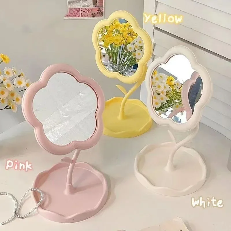 Cute Rotatable Flower Shaped Makeup Mirror Aesthetic Desktop Vanity Mirror With Storage Tray Bedroom Dorm Table Cosmetic Display