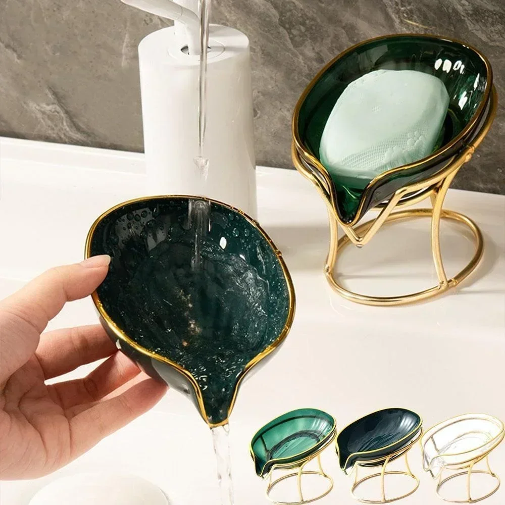 Leaf Shaped Ceramic Soap Dish Premium Ceramic Soap Bar Holder with Self-Drainage System for Shower, Bathroom, Kitchen