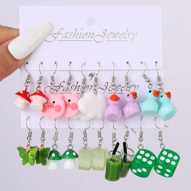 Cartoon Animal Mushroom Frog Duck Dangle Earring Set For Women Heart Butterfly Drop Earrings Girl Kids Cute Trendy Jewelry Gifts