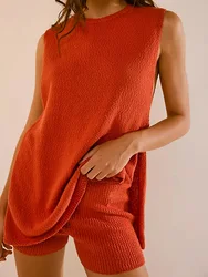 Women's 2 Piece Sweater Short Set Outfits Side Slit Sleeveless Knit Tank Top Vest Matching Shorts Sets 2024 Summer Lounge Sets