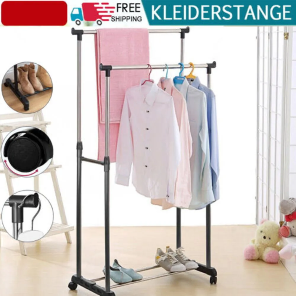 Double Clothes Rail Garment Coat Hanging Display Stand Shoes Rack With Wheels UK