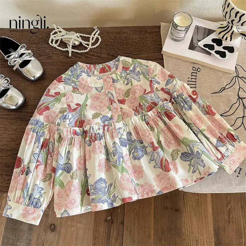 Children's Spring Clothes Girls Floral Shirt New Children's Foreign Style Long-sleeved Top Women's Treasure Doll Shirt Jeans