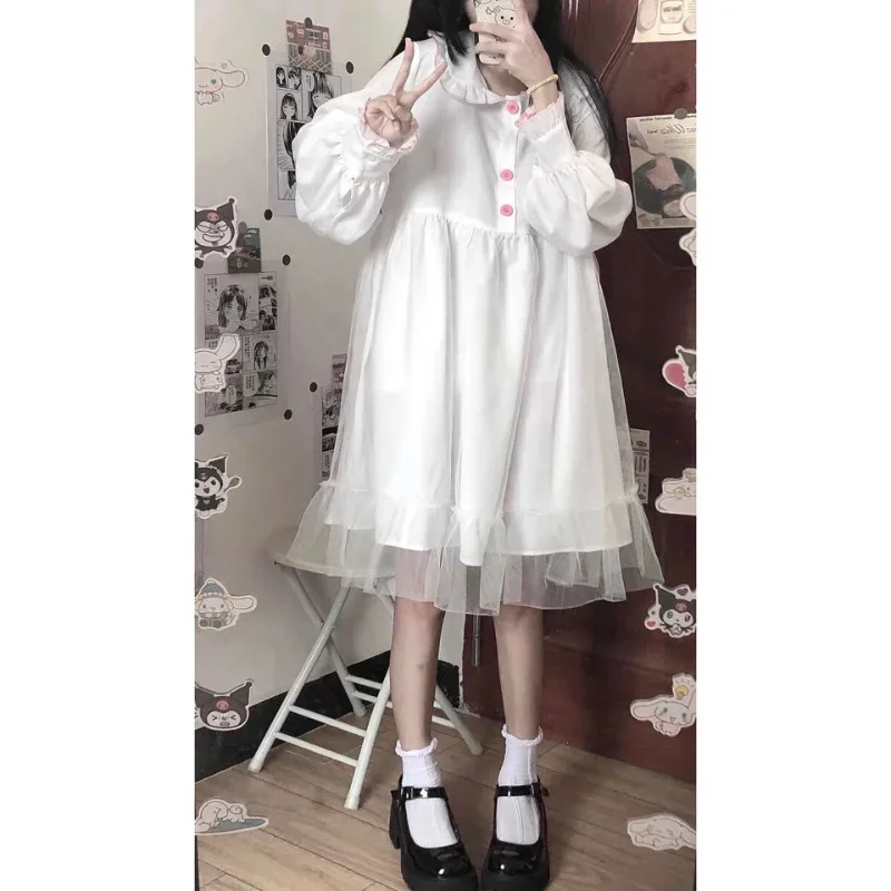 

White Kawaii Lolita Dress Women Long Sleeve Chiffon Patchwork Midi Dresses Japanese Sweat Girls Robe Preppy Style Outfit