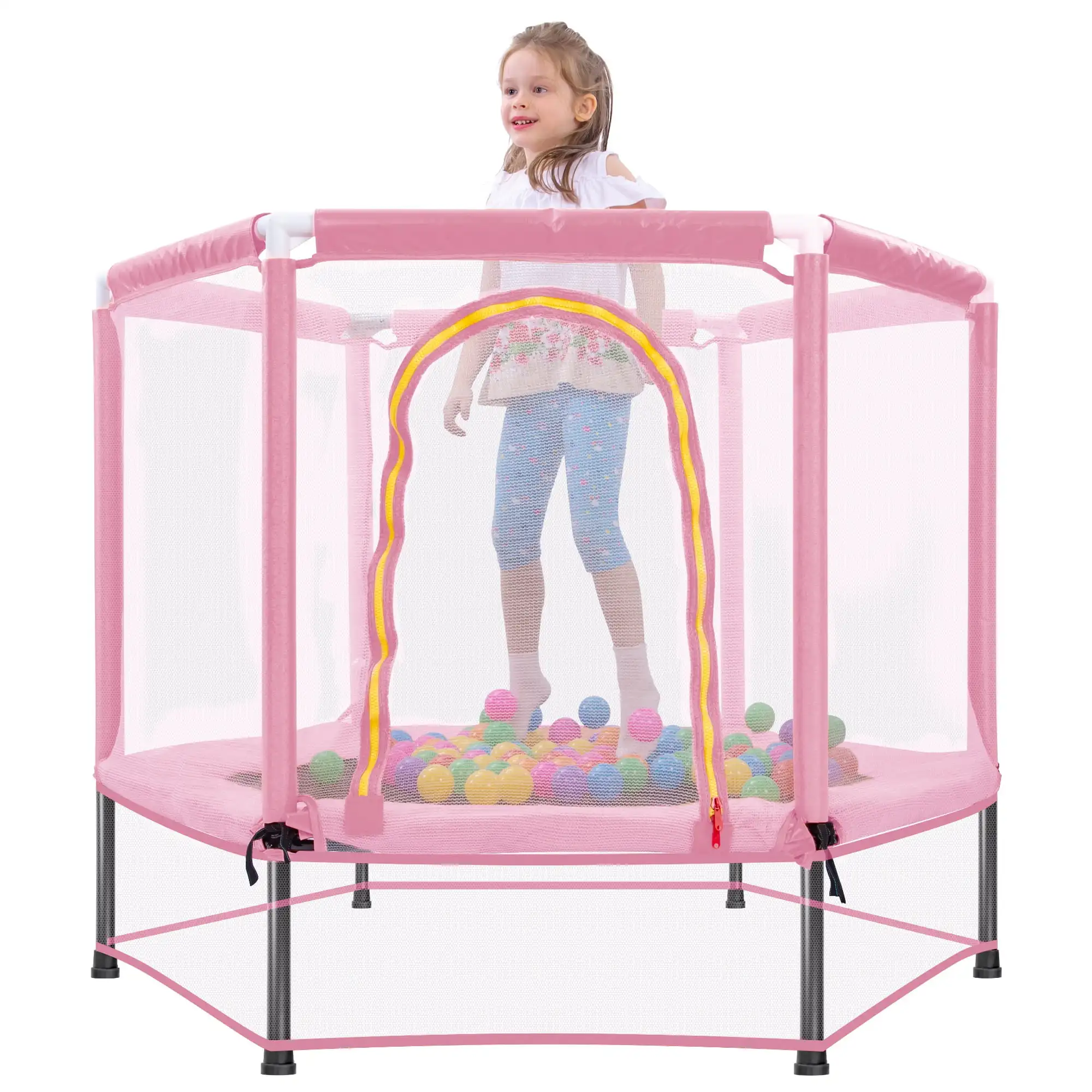 

55'' Kids Mini Trampoline with Double Safety Net & Ocean Balls – Indoor Hexagonal Toddler Trampoline, Easy Assembly