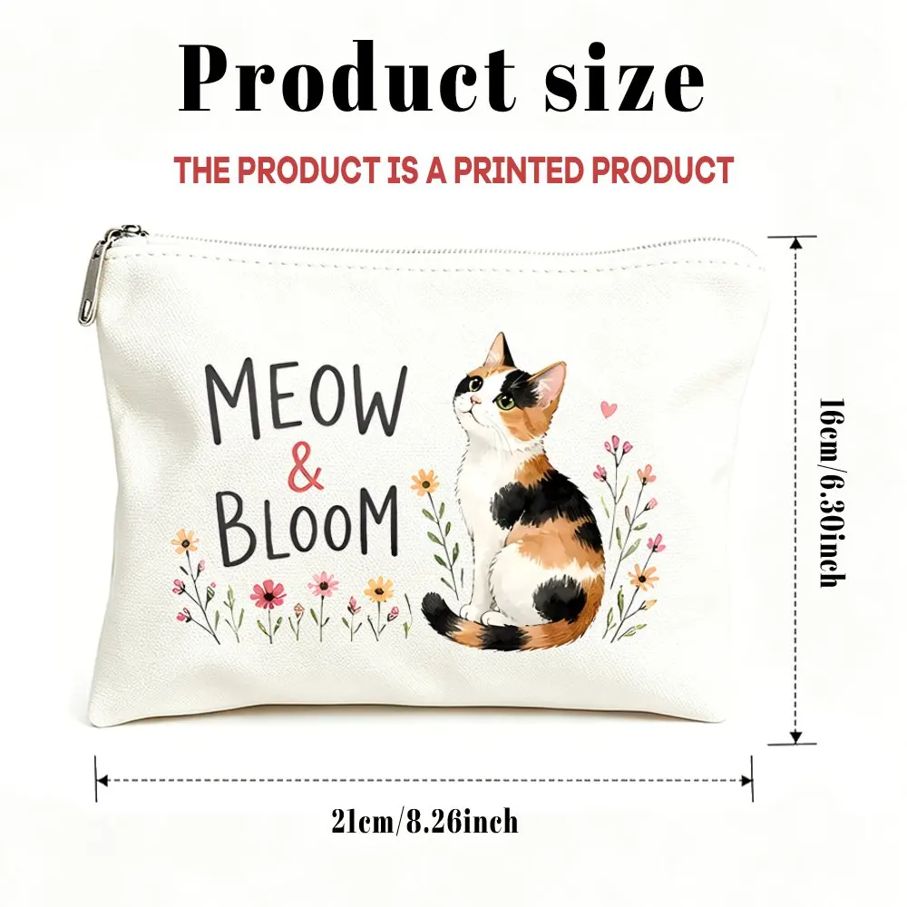 Meow Bloom Calico Cat Cosmetic Bag Suitable Women Zipper Closure Toiletry Pouch with Calico Cat Print Compact Travel Makeup Gift