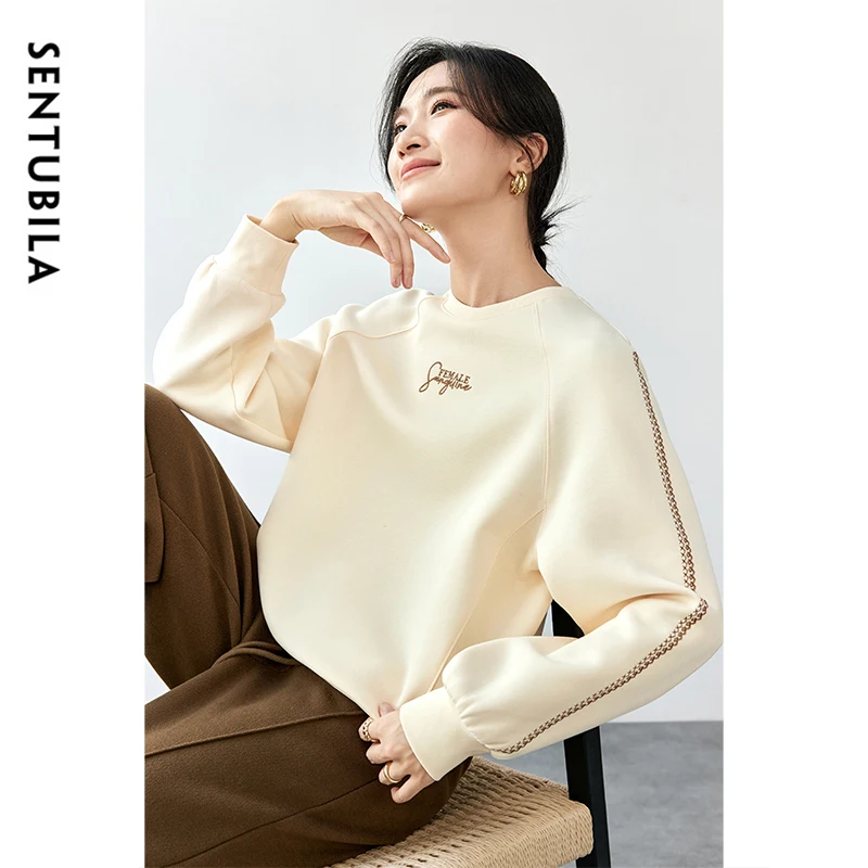 SENTUBILA Women Comfortable Casual Sweatshirt 2024 Autumn Letter Embroidery Long Sleeve Tops Female Loose Pullovers 143A56617