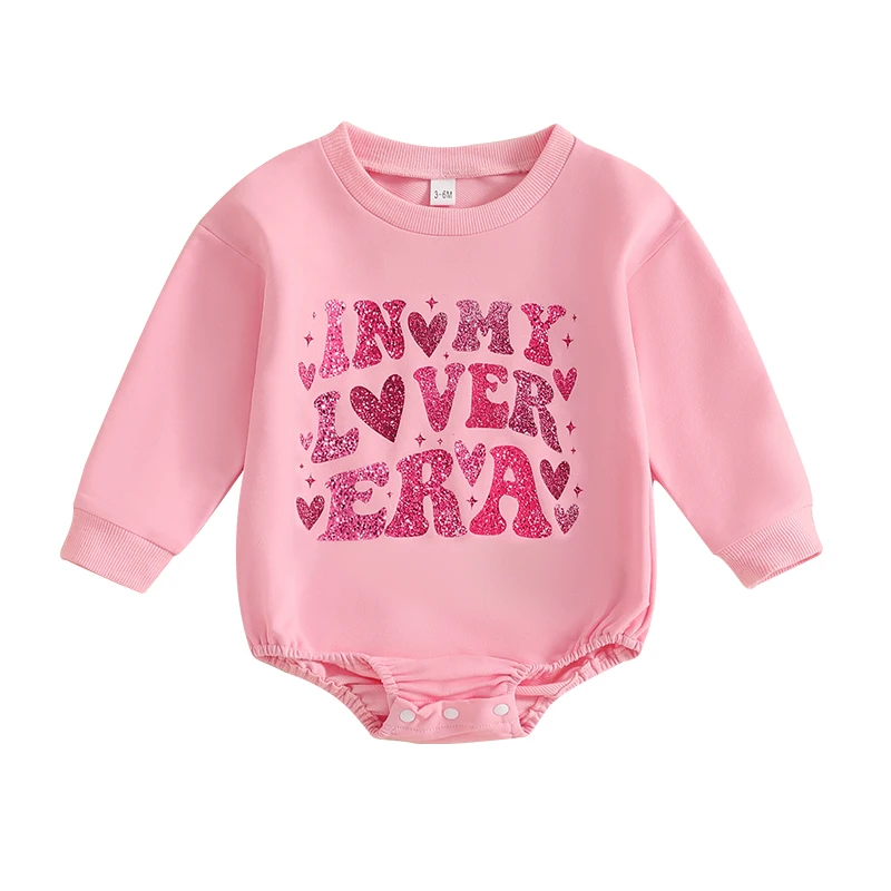 Baby Girl Valentine s Day Romper Letter Heart Print Round Neck Long Sleeve Bubble Jumpsuit