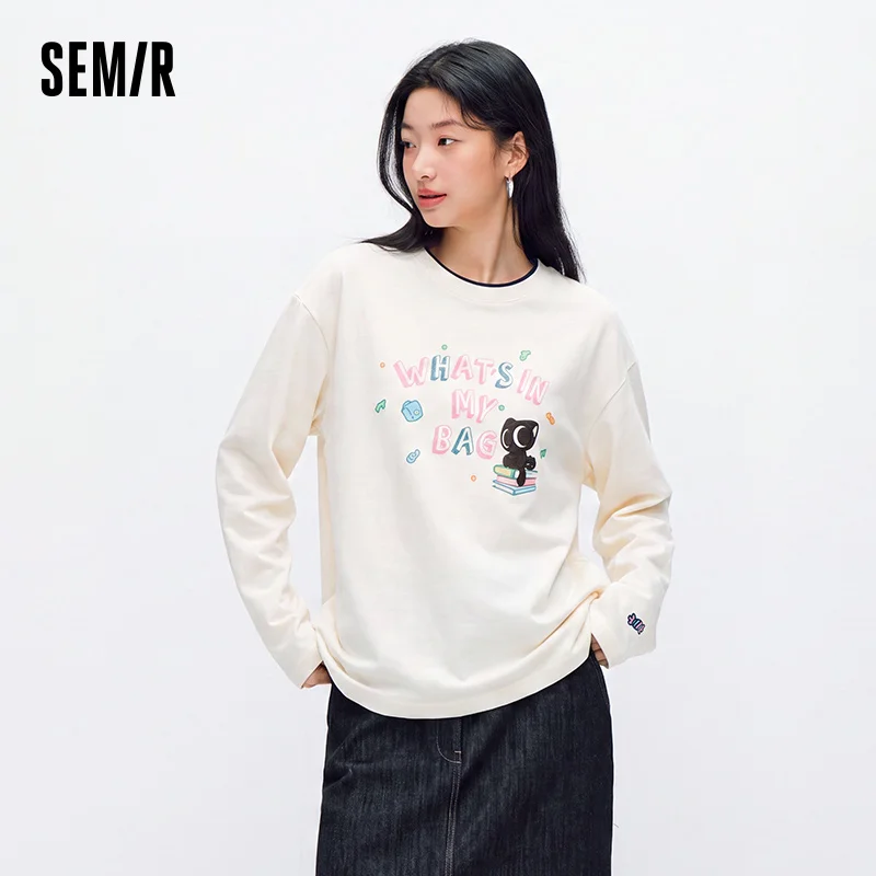 Semir Women Tshirt Cotton Fabric Color Block Long Sleeve Oversized Fit Mid Length Retro Style 2026 Autumn Soft Comfort