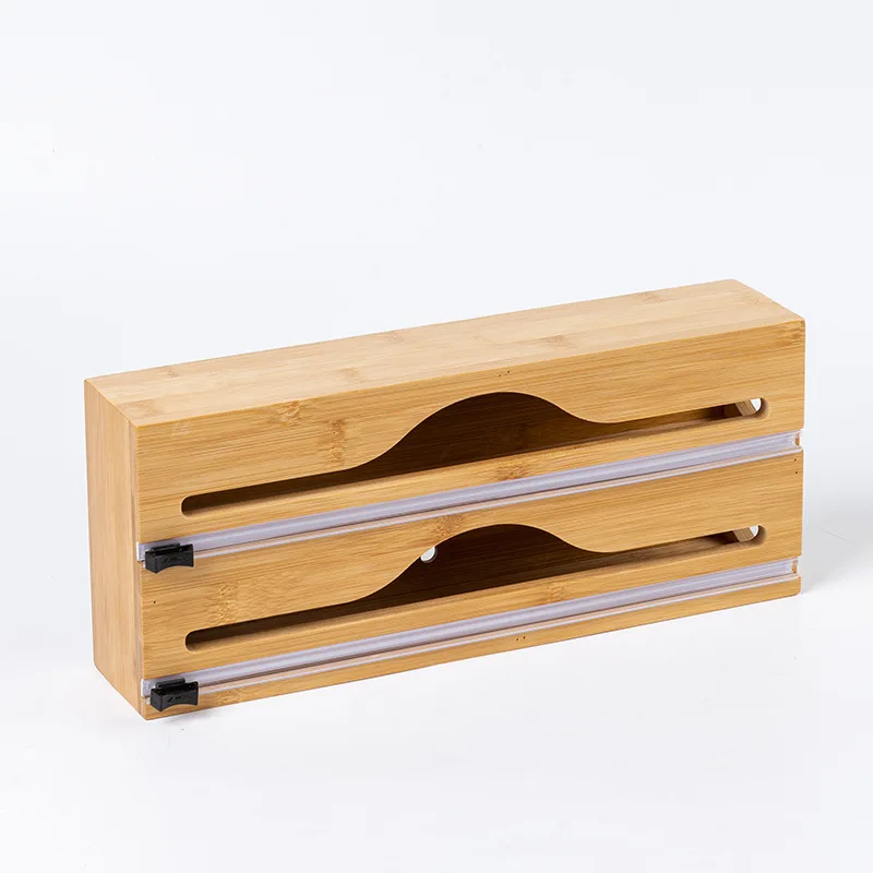 

Multi-Layer Wall-Mounted Food Wrap Cutter, Kitchen Organizer with Bamboo Wood Design and Dual-Slide Blade for Foil, Wax Paper,