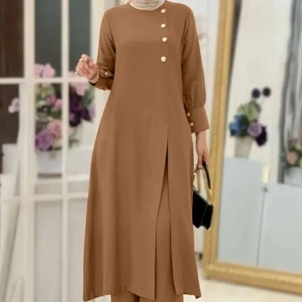 

2024 Middle East Muslim women's two-piece fashion elegant solid color side slit long shirt wide leg pants robe