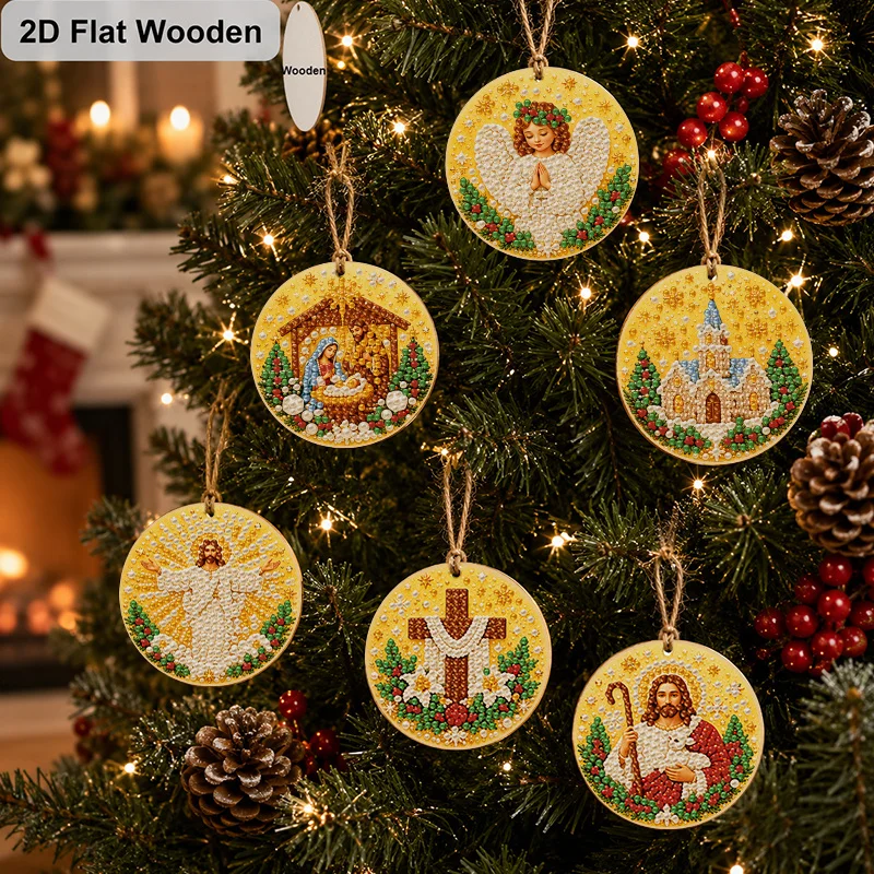 2D Flat 6Pcs DIY Diamond Painting Kit, Wooden Christmas Diamond Art Hanging Ornament, Religious Nativity Jesus Angel Cross