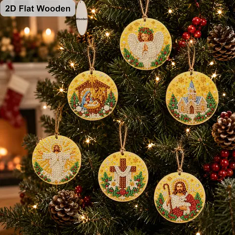 2D Flat 6Pcs DIY Diamond Painting Kit, Wooden Christmas Diamond Art Hanging Ornament, Religious Nativity Jesus Angel Cross