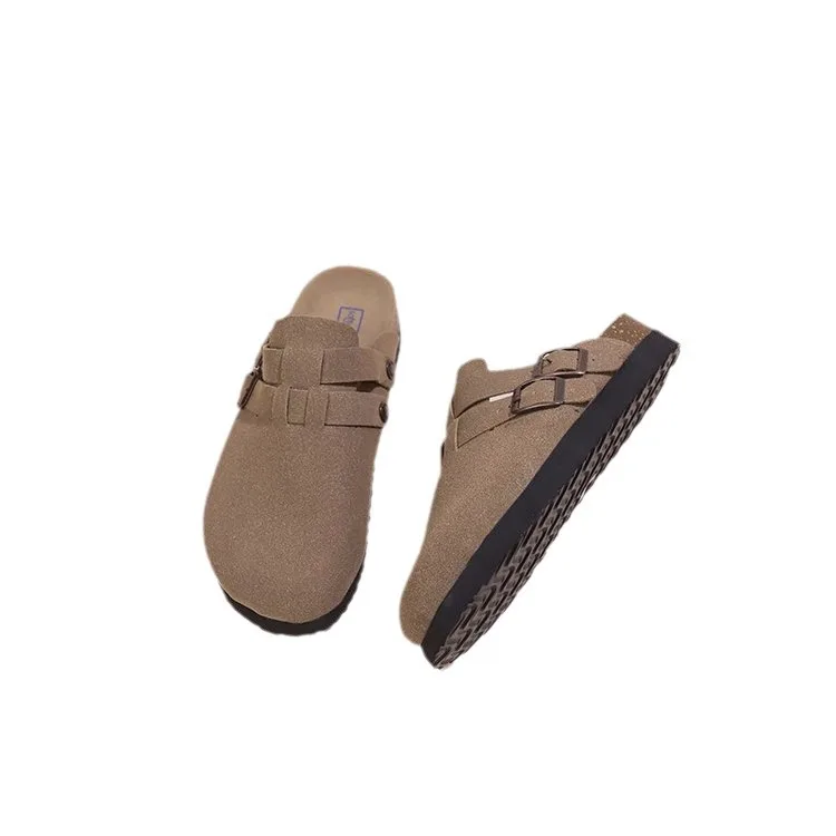 Cover Toe Women\'s Genuine Leather Shoes Slippers Summer Loafers Pantofle Low Platform Slides 2024 Rubber Hoof Heels Rome Basic S