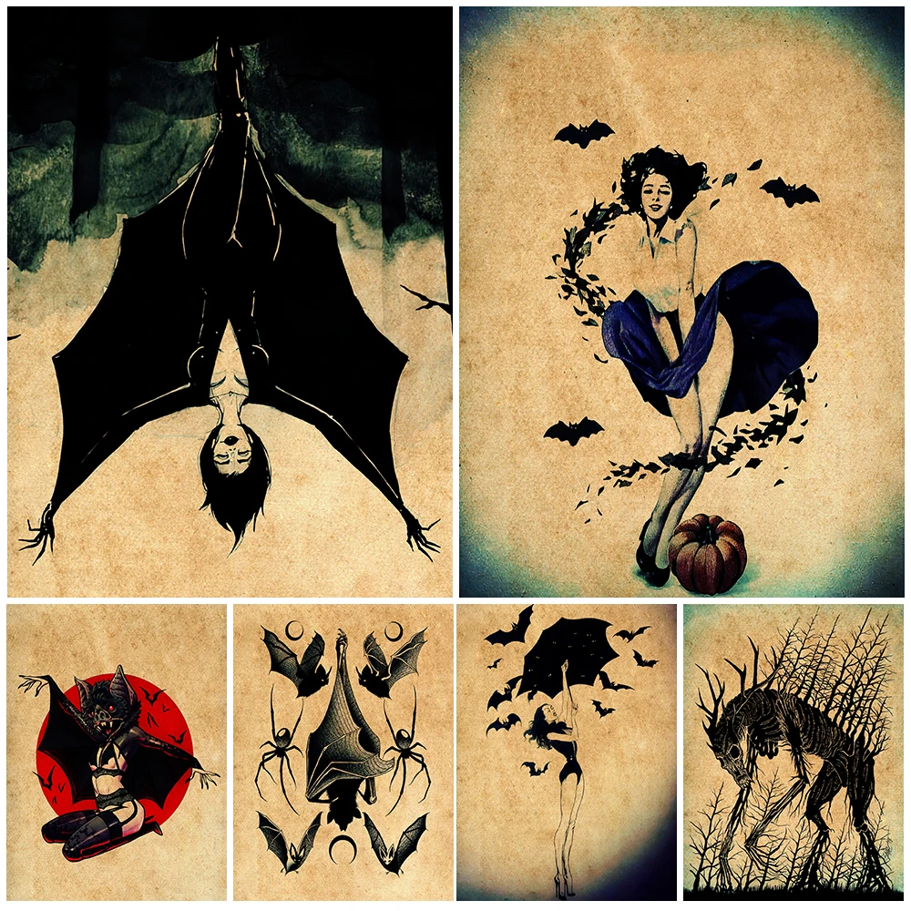 Vintage Witch And Bat Girl Wall Art Canvas Painting Abstract Demon Witchcraft Art Poster And Print Home Decoration Unframed