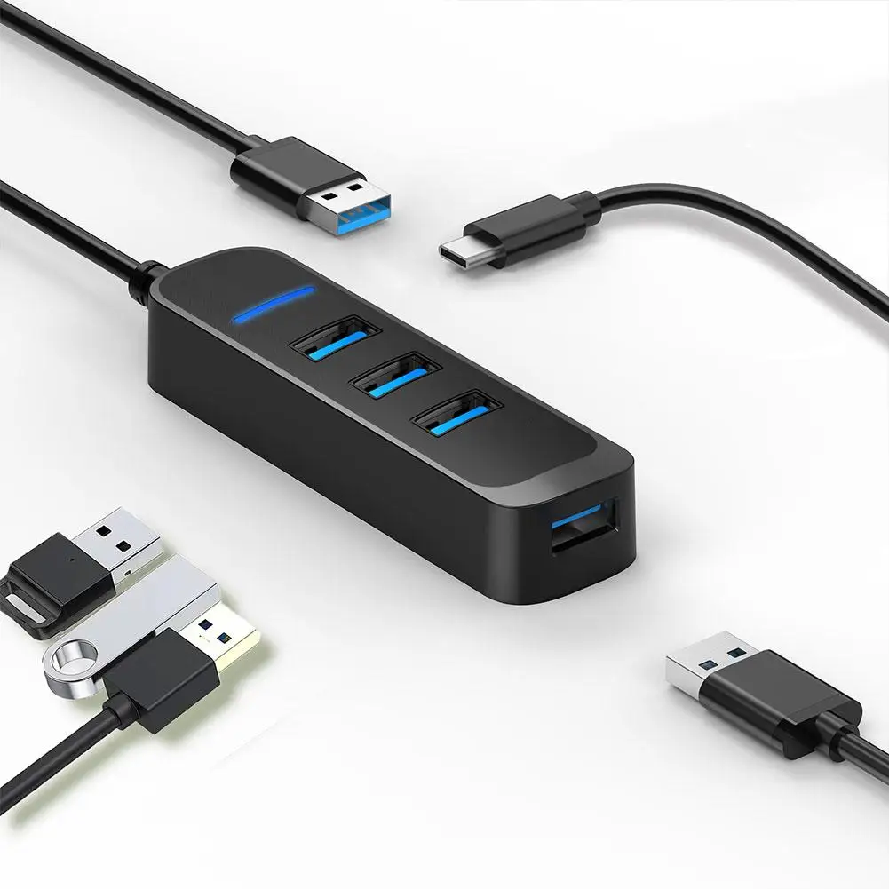 Hub USB 2.0 com Adaptador de Energia, 4 Portas, Multi Splitter, Hub para Acessórios de Computador, Expansor Múltiplo, Tipo C, U2G4
