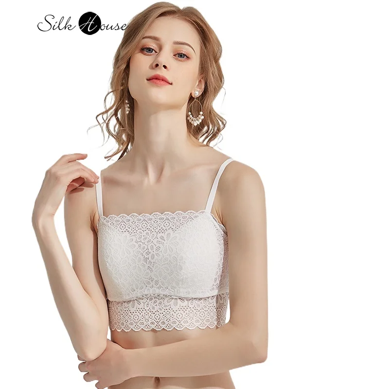 

2023 Women's Fashion New Silk Lace Cordless Bra Tank Top Style Bra with Natural Silk Silk Solid Color Underwear Strap Bra