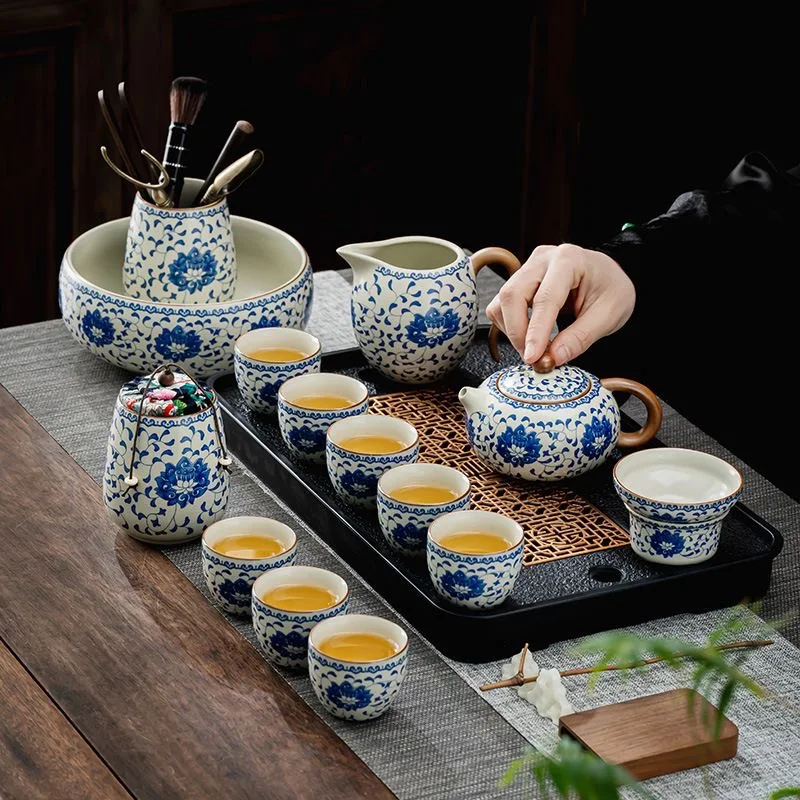 

Ru Kiln Blue and White Gaiwan Set – Premium Ceramic Kung Fu Tea Set for Elegant Home Ceremonies