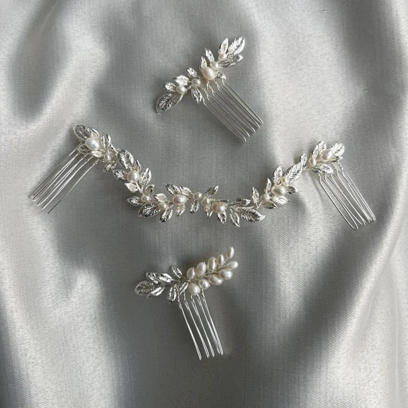 

SLBRIDAL Handmade Rhinestones Crystal Freshwater Pearls Leaf Bridal Hair Comb Wedding Headdress Hair Accessories Women Jewelry